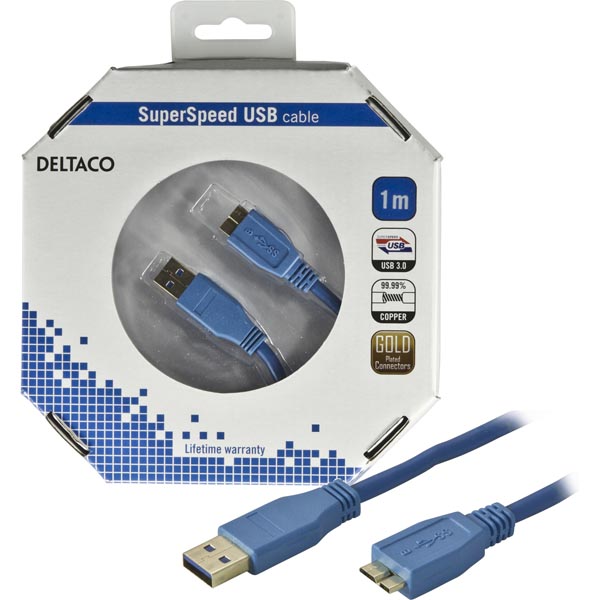 Deltaco USB 3.0 kaapeli A uros - Micro-B uros, kullattu, 1m
